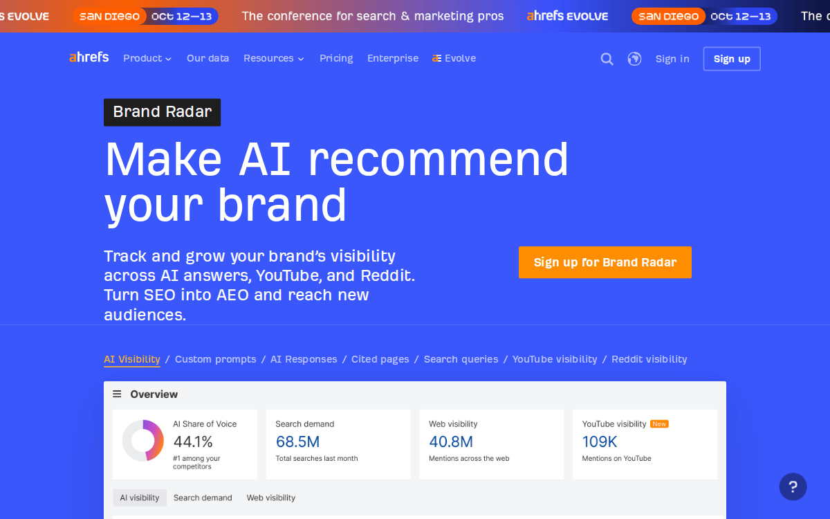 Ahrefs Brand Radar homepage, captured 28 September 2026: “Make AI recommend your brand”