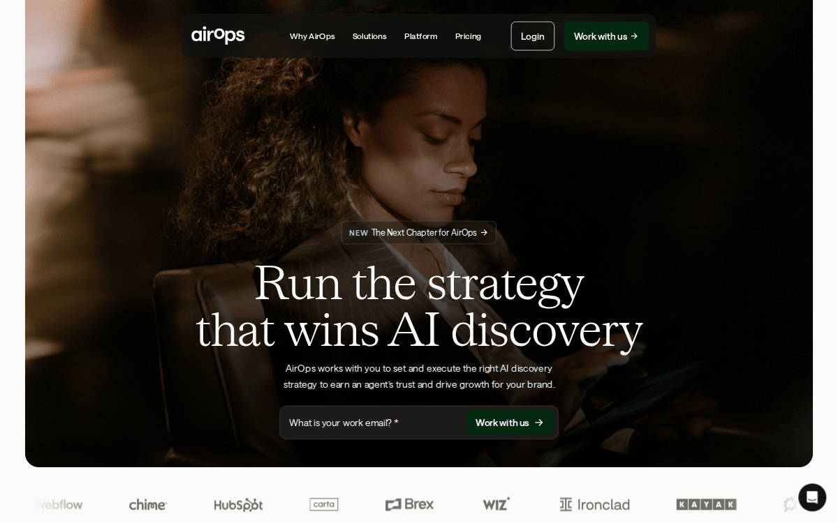 AirOps homepage, captured 28 September 2026: “Run the strategy that wins AI discovery”