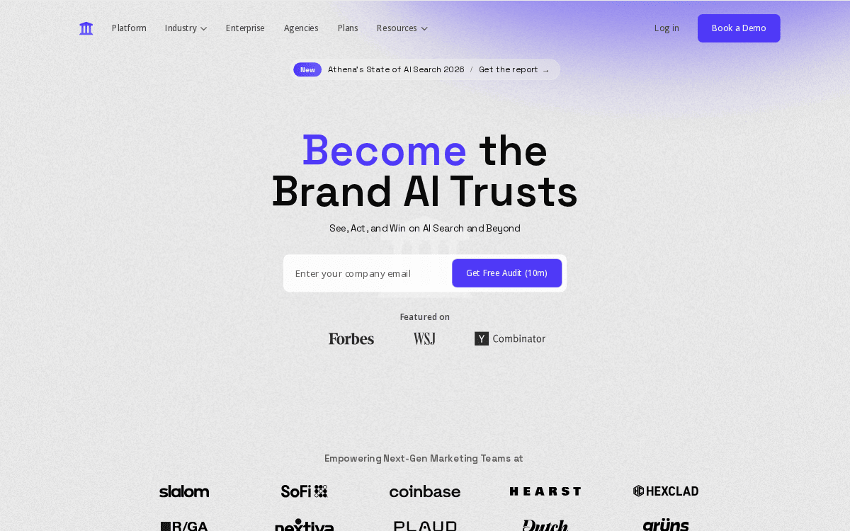 AthenaHQ homepage, captured 28 September 2026: “Become the Brand AI Trusts”