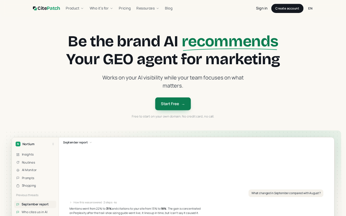 CitePatch homepage: “Be the brand AI recommends. Your GEO agent for marketing”, with the call to start free