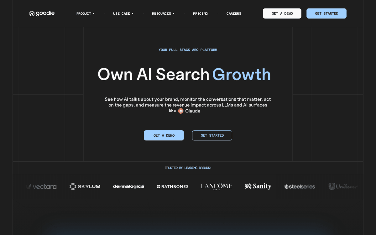 Goodie homepage, captured 28 September 2026: “Own AI Search Growth”