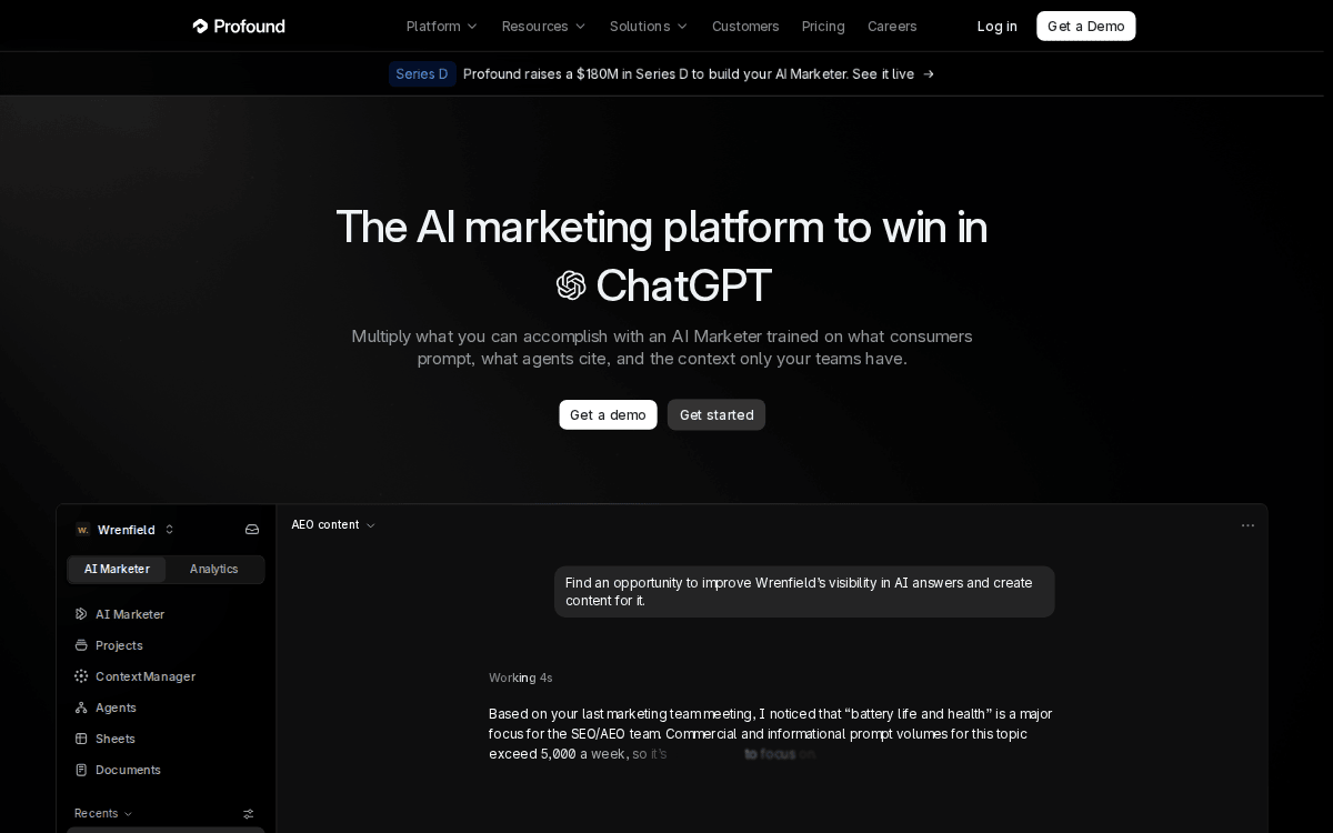 Profound homepage, captured 28 September 2026: “The AI marketing platform to win in ChatGPT”