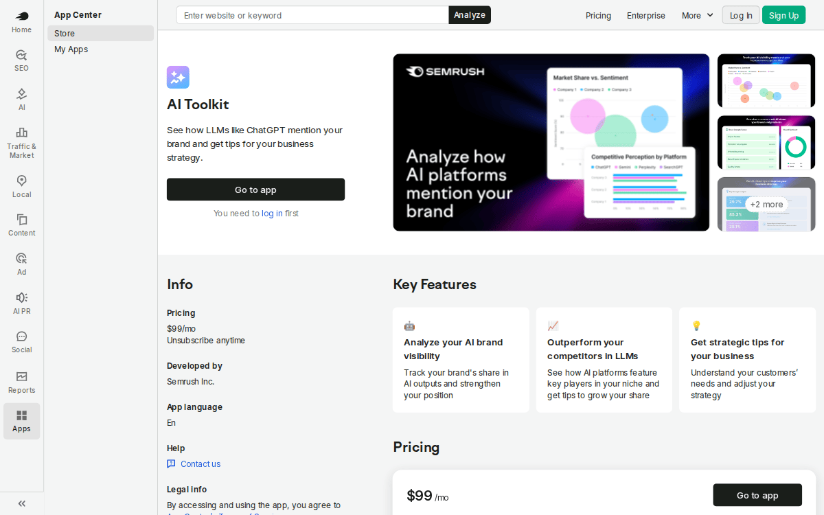 Semrush AI Toolkit page, captured 28 September 2026: “AI Toolkit — See how LLMs like ChatGPT mention your brand, at $99/mo”