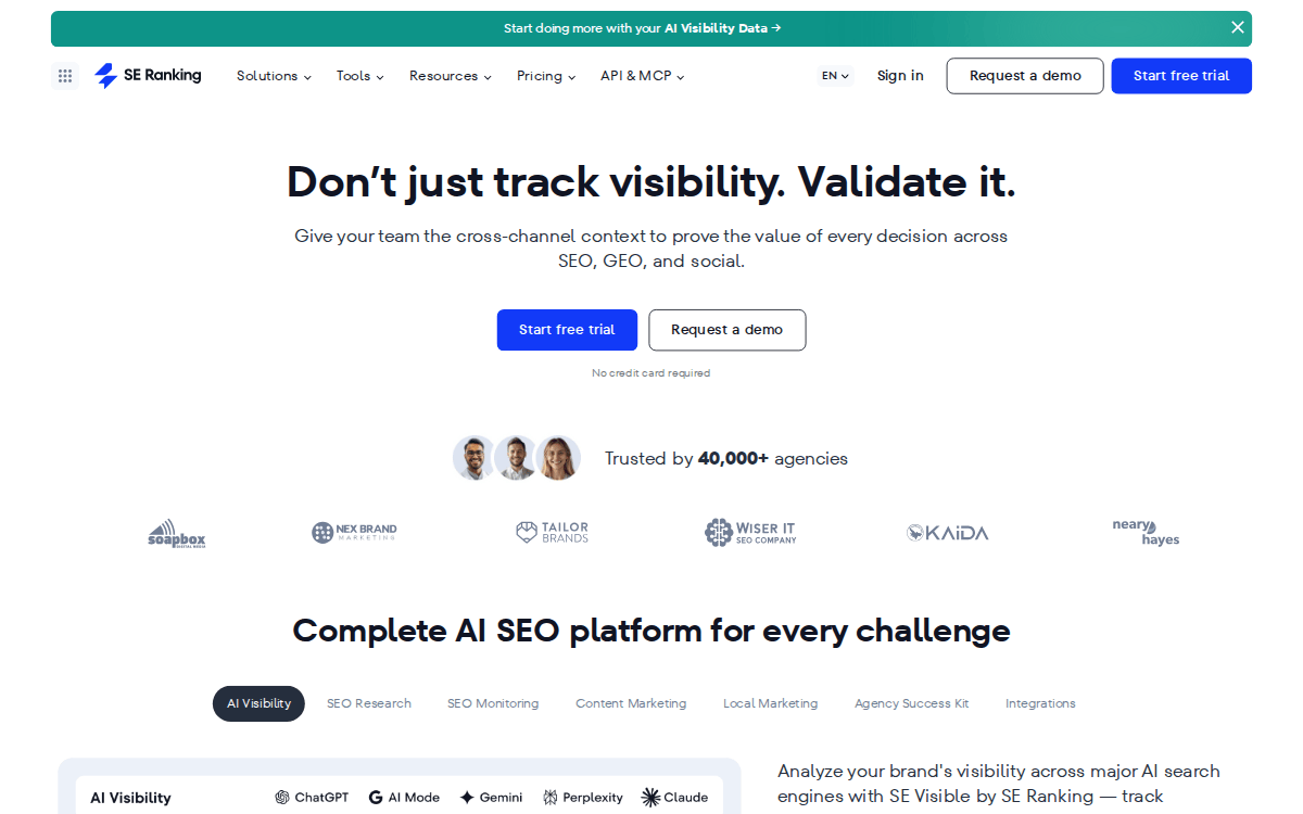 SE Ranking homepage, captured 28 September 2026: “Don’t just track visibility. Validate it.”